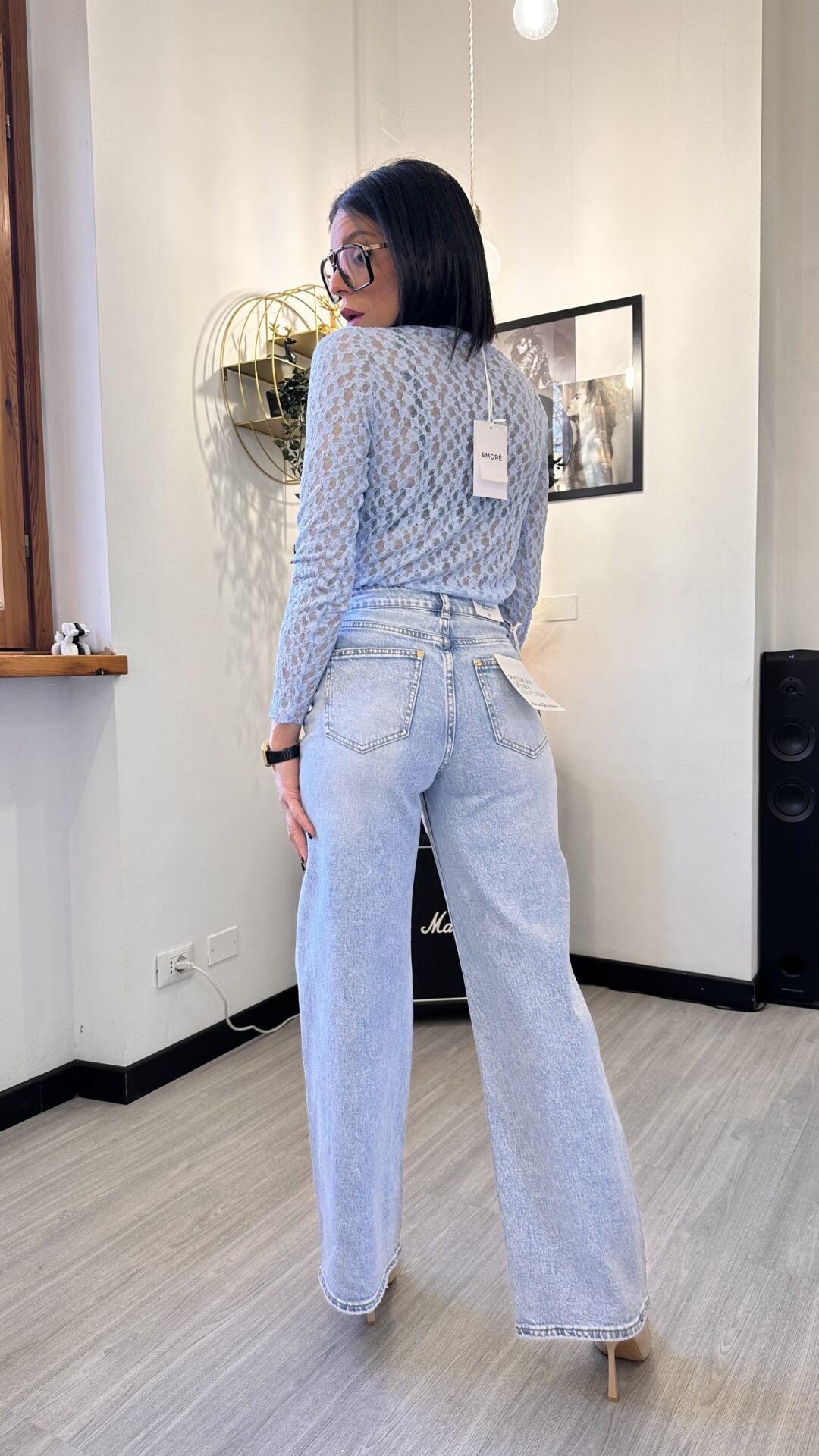 MAGLIA IN PIZZO AZZURRA CON COLLETTO