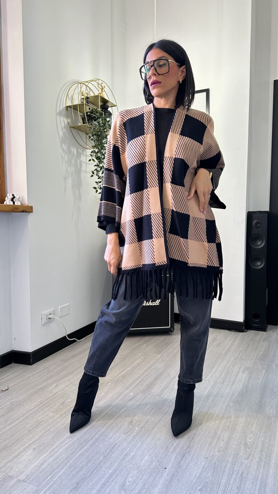 CARDIGAN A SCACCHI CAMMELLO