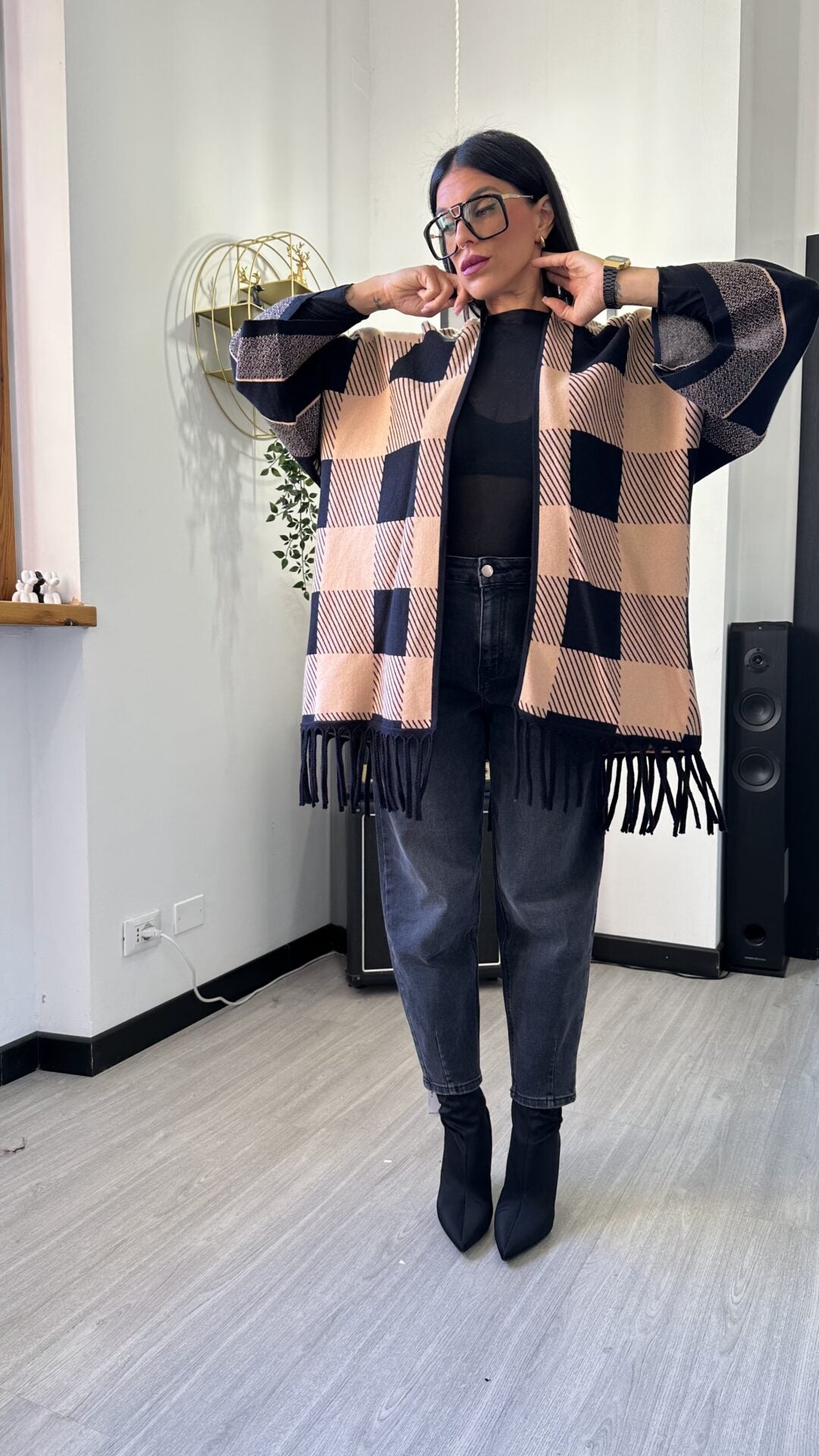 CARDIGAN A SCACCHI CAMMELLO