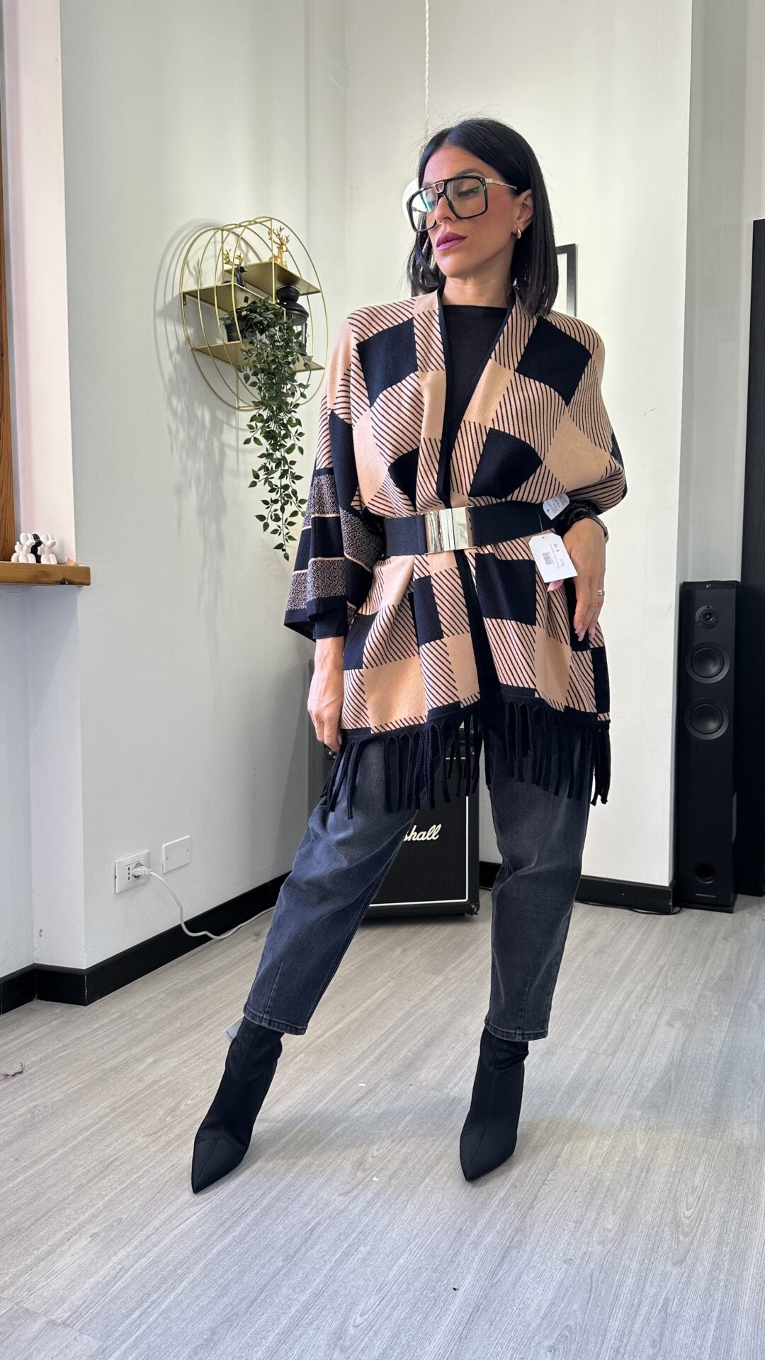 CARDIGAN A SCACCHI CAMMELLO