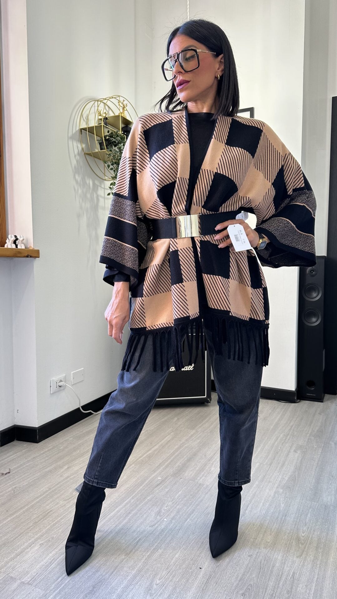 CARDIGAN A SCACCHI CAMMELLO