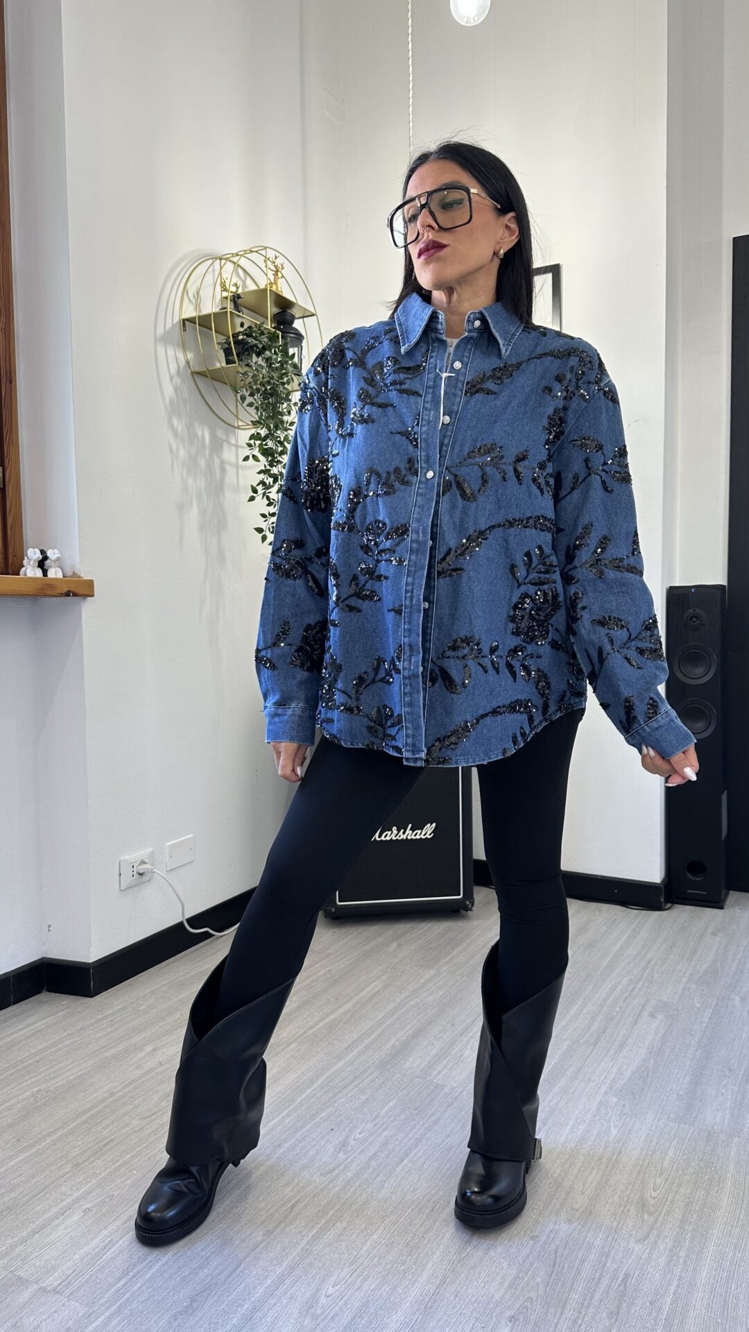 CAMICIONA DI JEANS SHINE FLOWER BLU