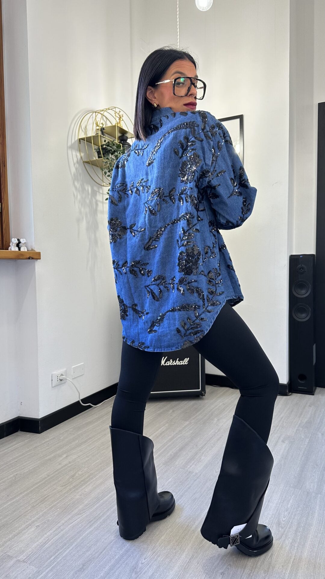CAMICIONA DI JEANS SHINE FLOWER BLU