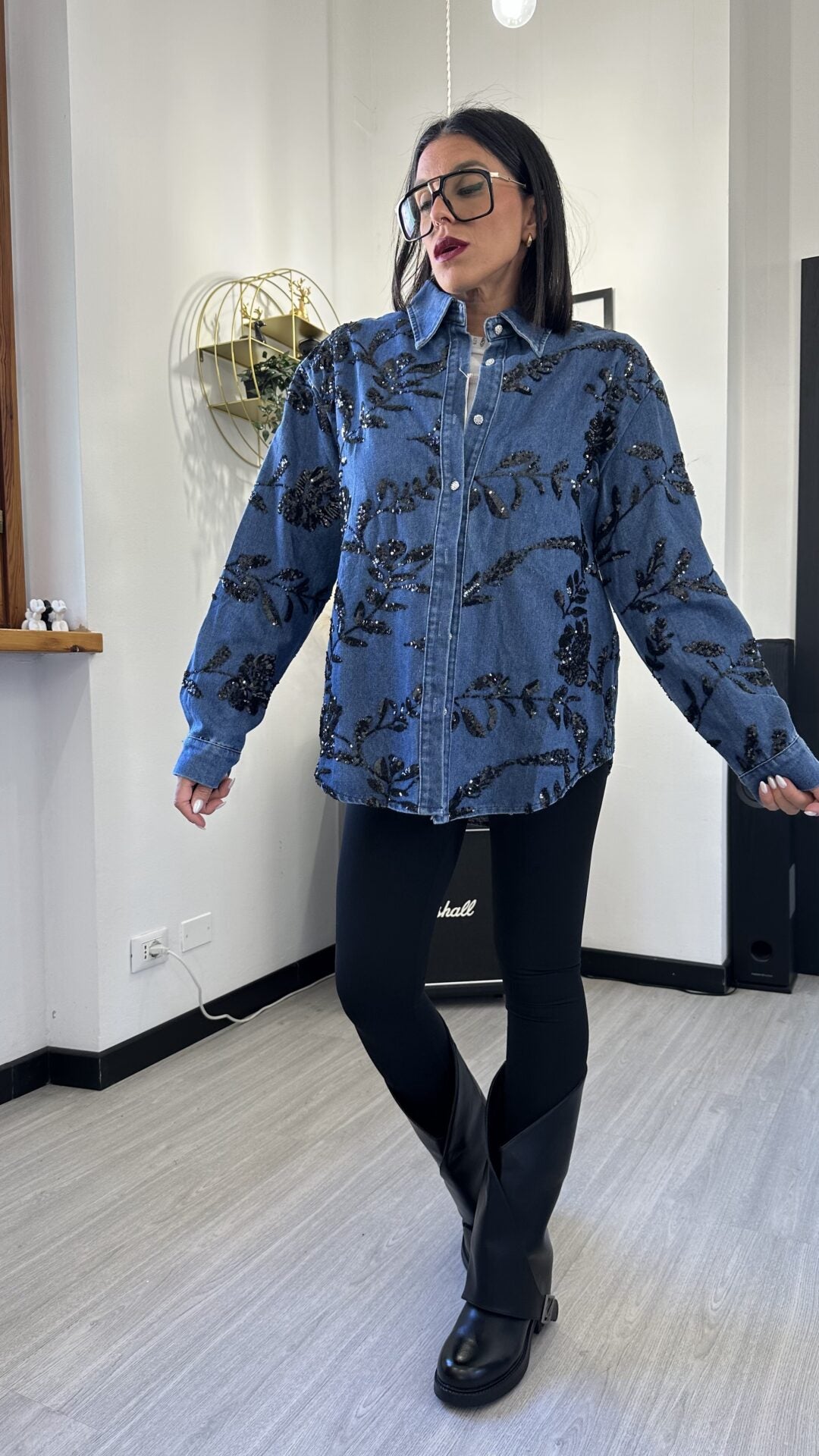 CAMICIONA DI JEANS SHINE FLOWER BLU