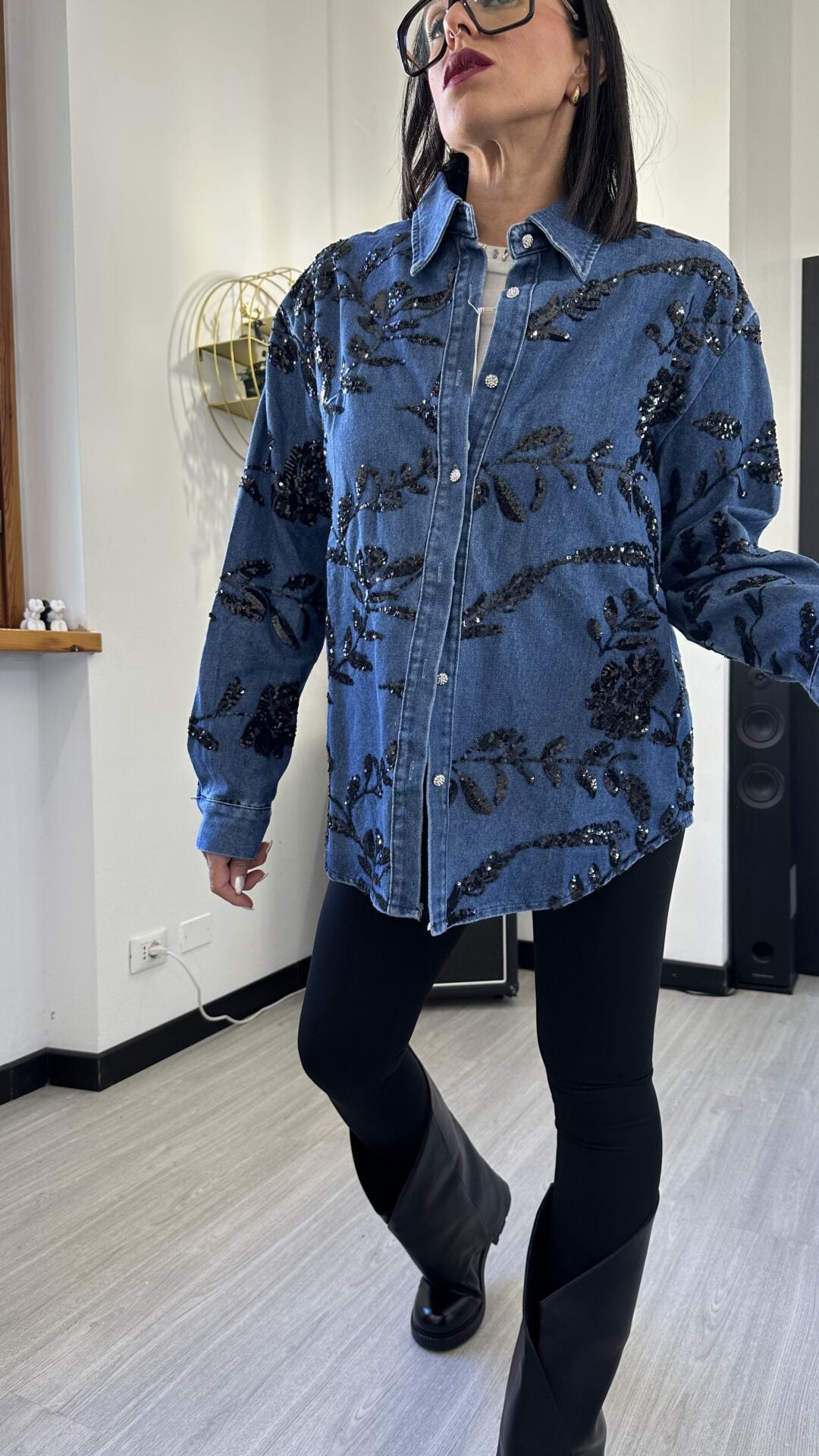 CAMICIONA DI JEANS SHINE FLOWER BLU