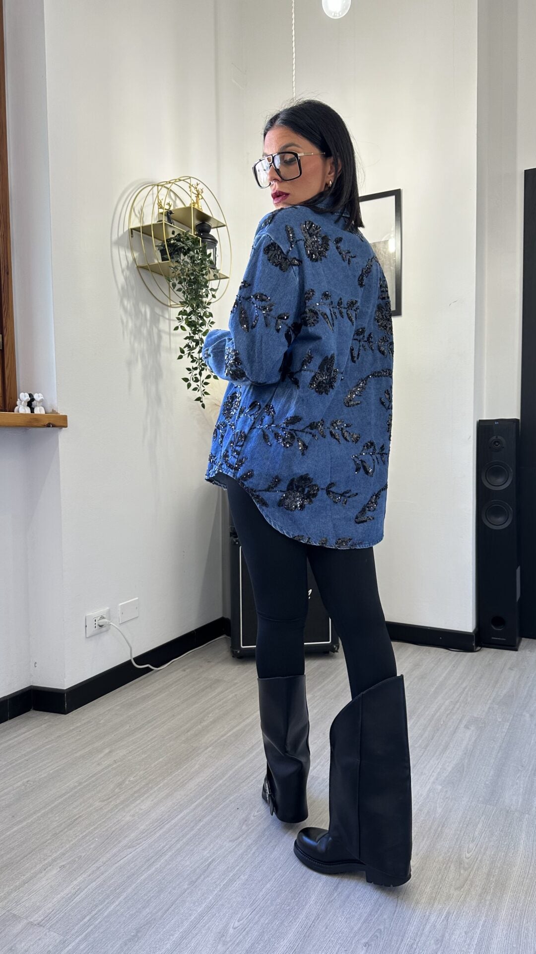 CAMICIONA DI JEANS SHINE FLOWER BLU