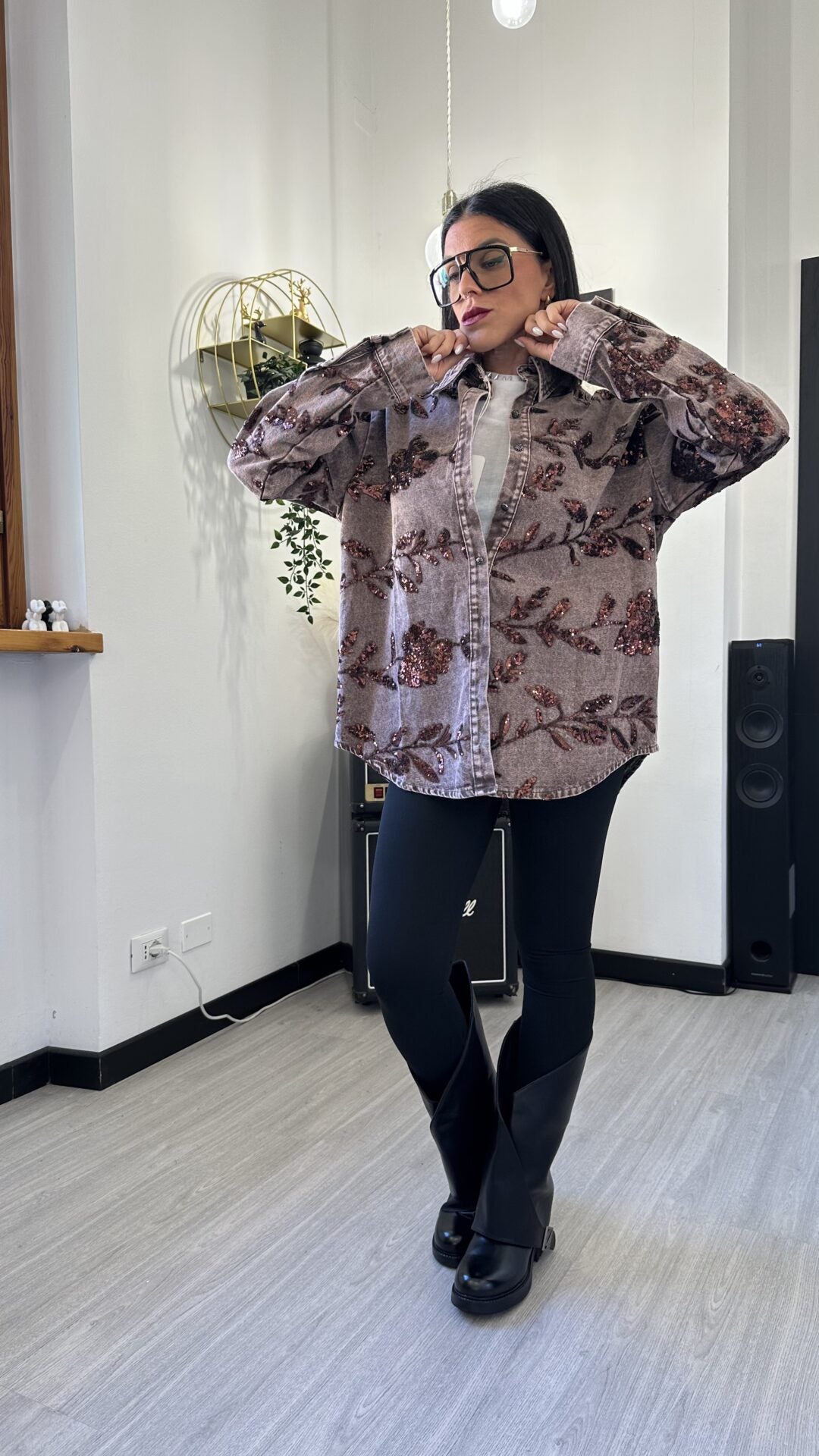 CAMICIONA DI JEANS SHINE FLOWER COFFE