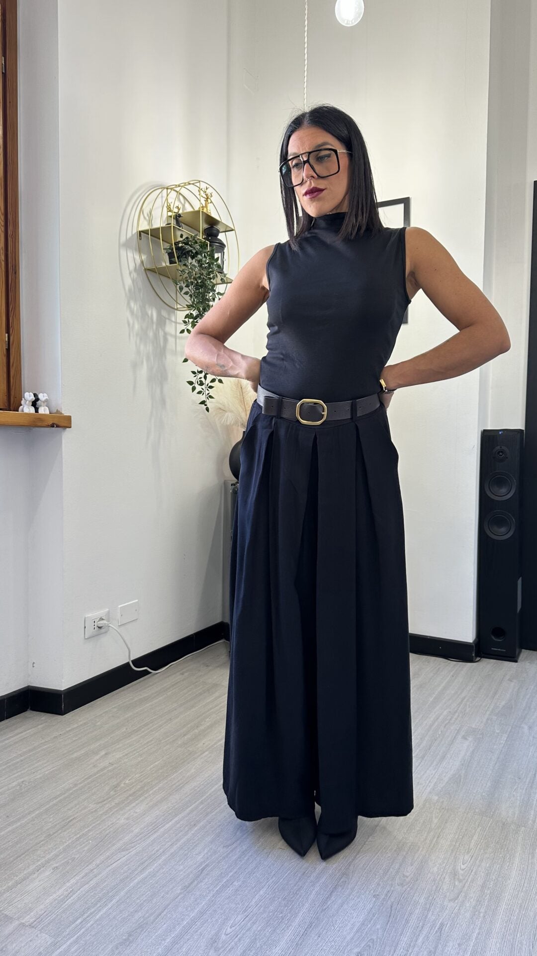 PANTALONE A PALAZZO CON CINTURA NERO