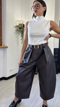 PANTALONE BAGGY LARGO IN ECOPELLE MARRONE